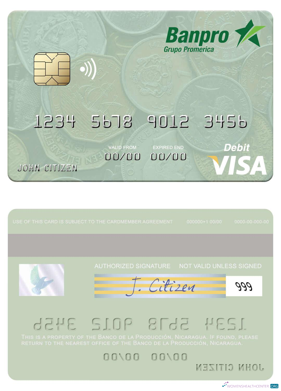 Download Nicaragua Banco de la Producción visa debit card Photoshop template